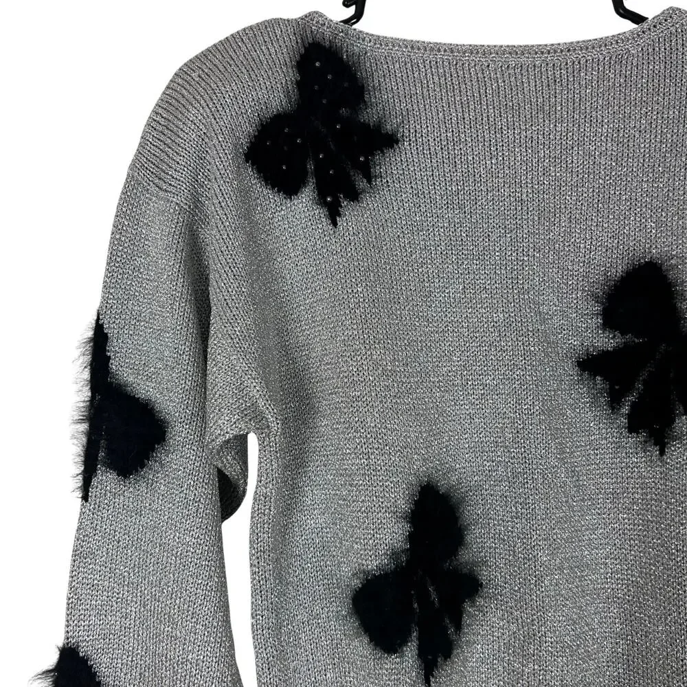 Vintage Smith St. John Metallic Lurex Holiday Sweater Bow Pearl Glam M - Picture 7 of 10